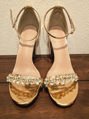 Rose Gold Crystal Ankle-Strap Block Heel Sandals - Women